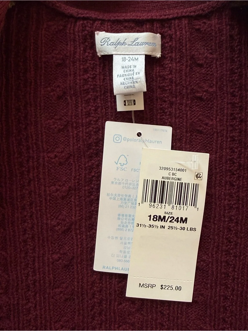 Ralph Lauren Baby Unisex Patchwork V-Neck Cardigan - Size 18-24M